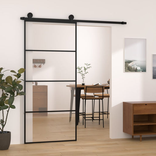 Schuifdeur gehard en transparant glas en zwart aluminium frame - inclusief ophangsysteem